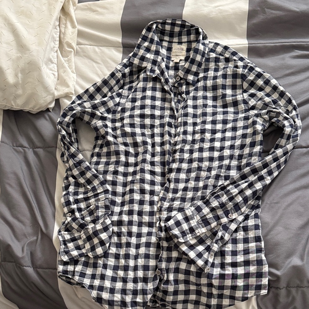 J. Crew Navy and White Checkered Button-Up Shirt, boy fit. Women’s.